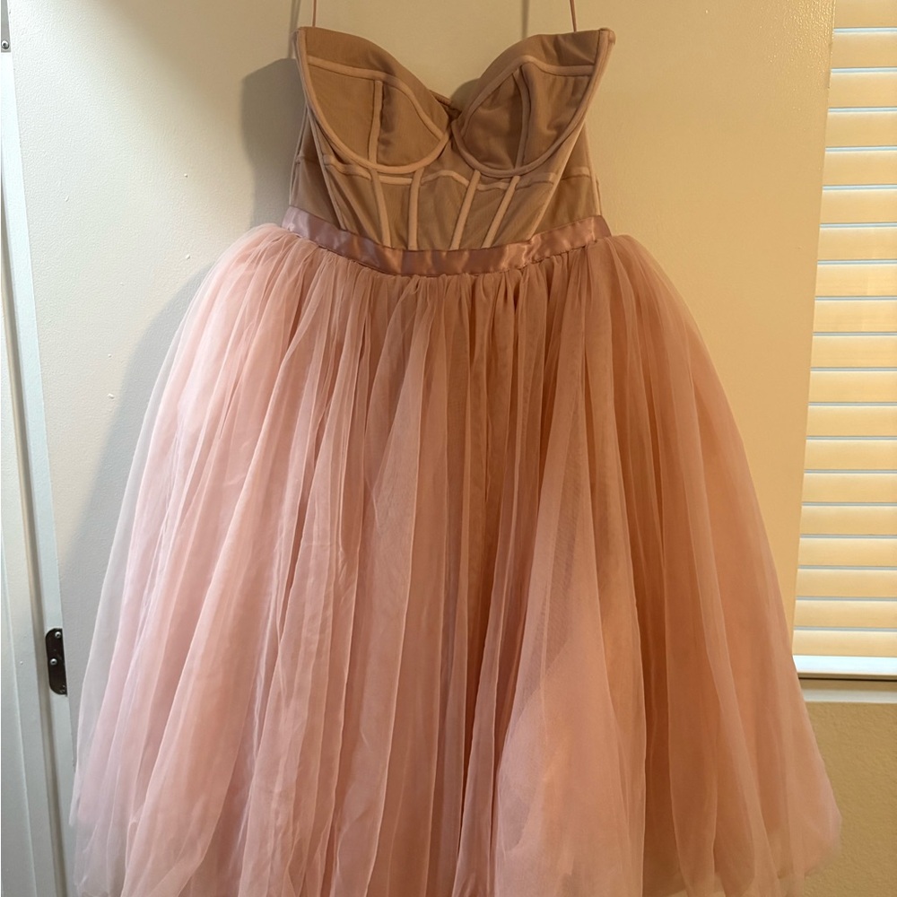 House of CB Tan and Pink Strapless Gown